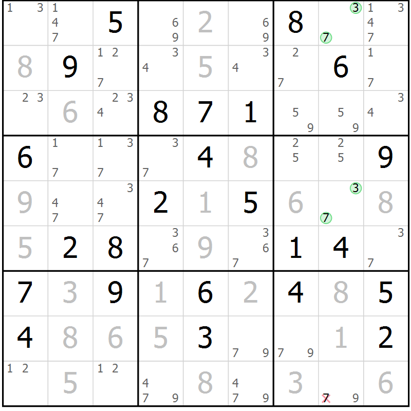 Position des candidats pour la solution de la Gr 51 page 54 du magazine de sudoku Virtuose n° 116