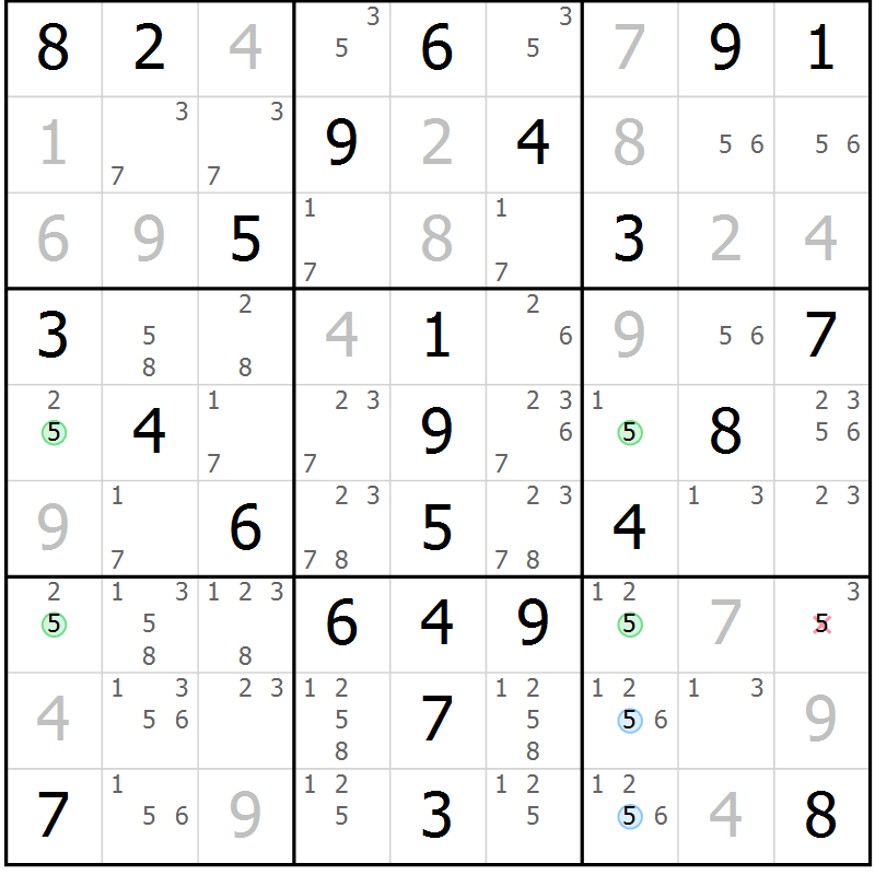 Position des candidats pour la solution de la Gr 52 page 55 du magazine de sudoku Virtuose n° 116