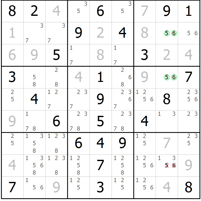 Position des candidats pour la solution de la Gr 52 page 55 du magazine de sudoku Virtuose n° 116