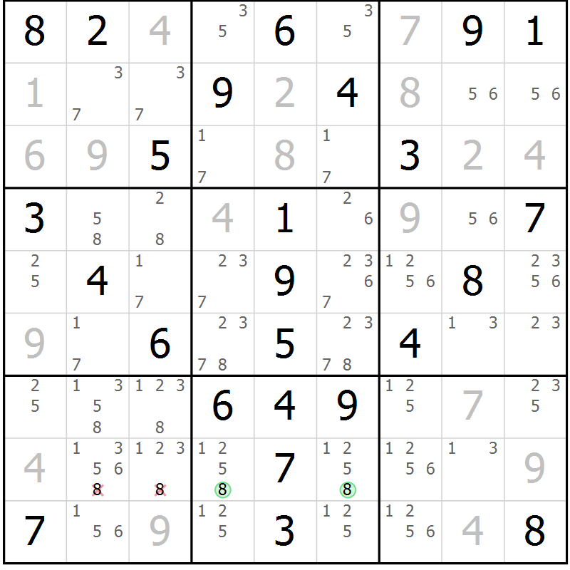 Position des candidats pour la solution de la Gr 52 page 55 du magazine de sudoku Virtuose n° 116