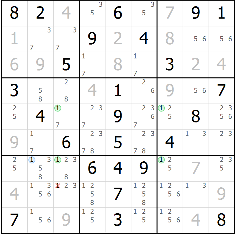 Position des candidats pour la solution de la Gr 52 page 55 du magazine de sudoku Virtuose n° 116