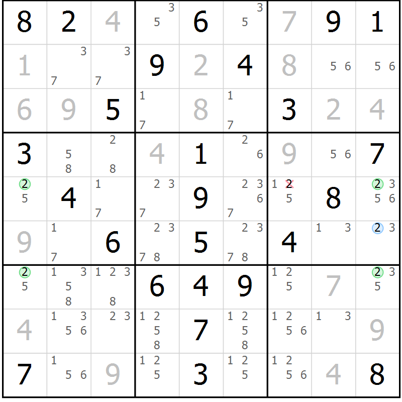 Position des candidats pour la solution de la Gr 52 page 55 du magazine de sudoku Virtuose n° 116