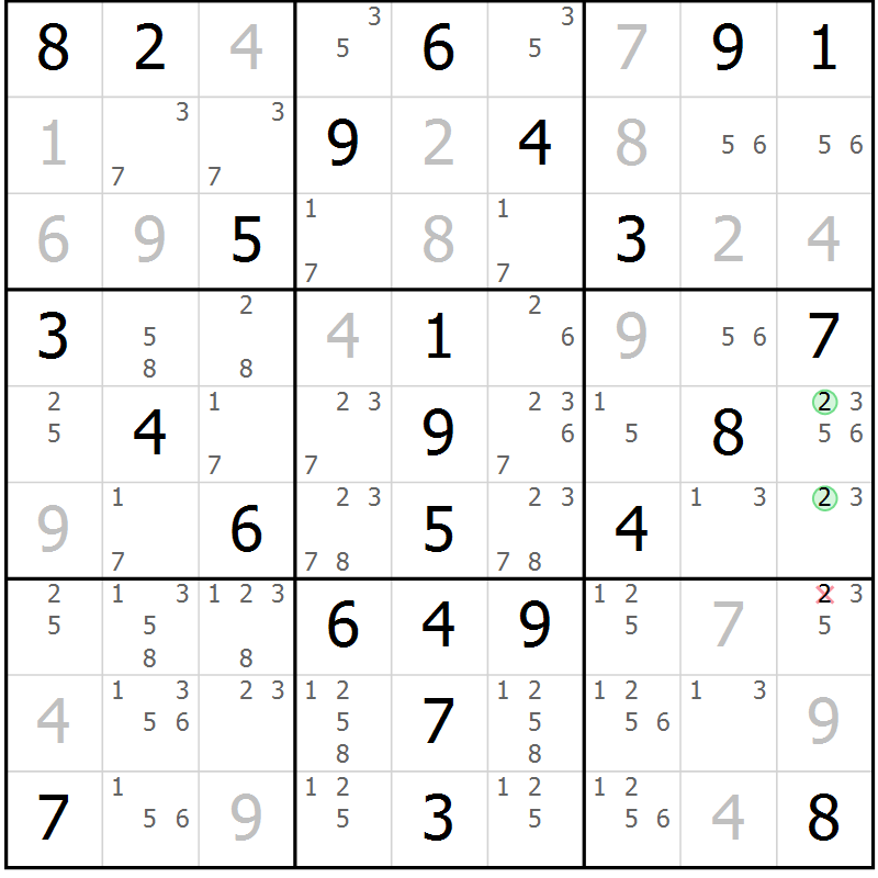 Position des candidats pour la solution de la Gr 52 page 55 du magazine de sudoku Virtuose n° 116