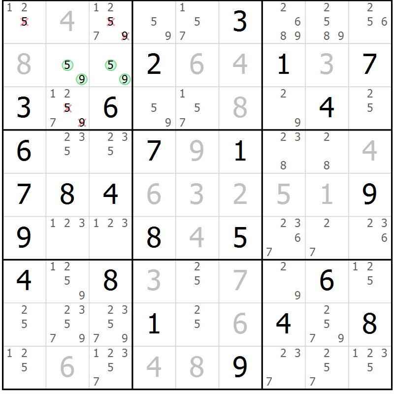 Position des candidats pour la solution de la Gr 53 page 56 du magazine de sudoku Virtuose n° 116