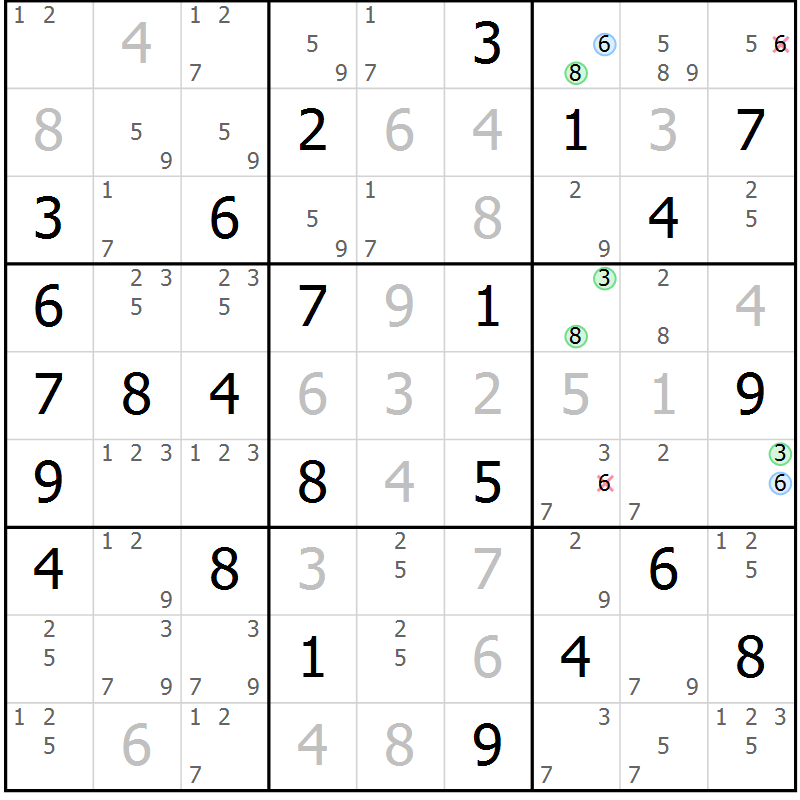 Position des candidats pour la solution de la Gr 53 page 56 du magazine de sudoku Virtuose n° 116