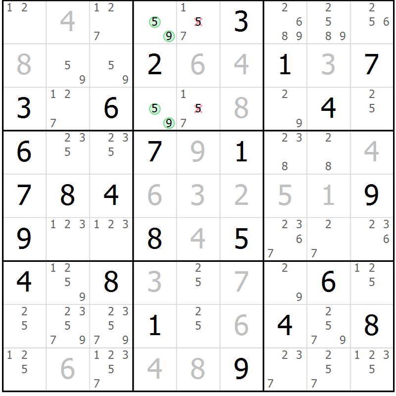 Position des candidats pour la solution de la Gr 53 page 56 du magazine de sudoku Virtuose n° 116