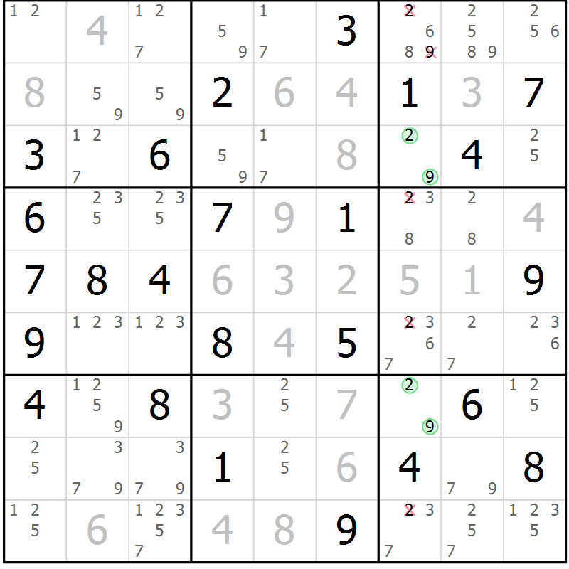 Position des candidats pour la solution de la Gr 53 page 56 du magazine de sudoku Virtuose n° 116