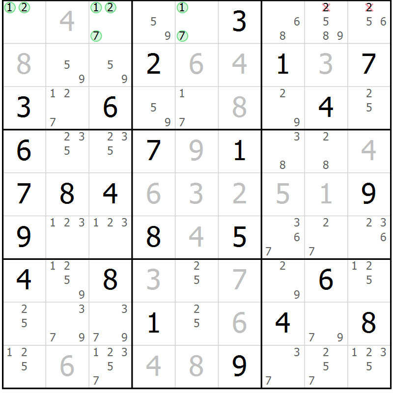 Position des candidats pour la solution de la Gr 53 page 56 du magazine de sudoku Virtuose n° 116