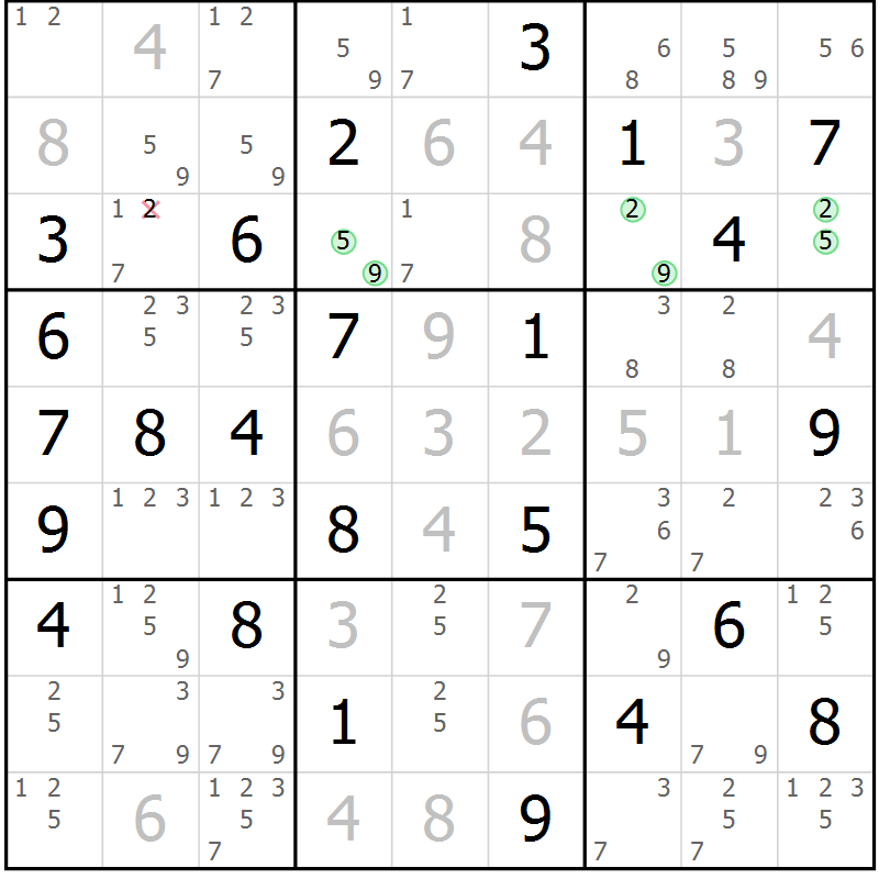 Position des candidats pour la solution de la Gr 53 page 56 du magazine de sudoku Virtuose n° 116