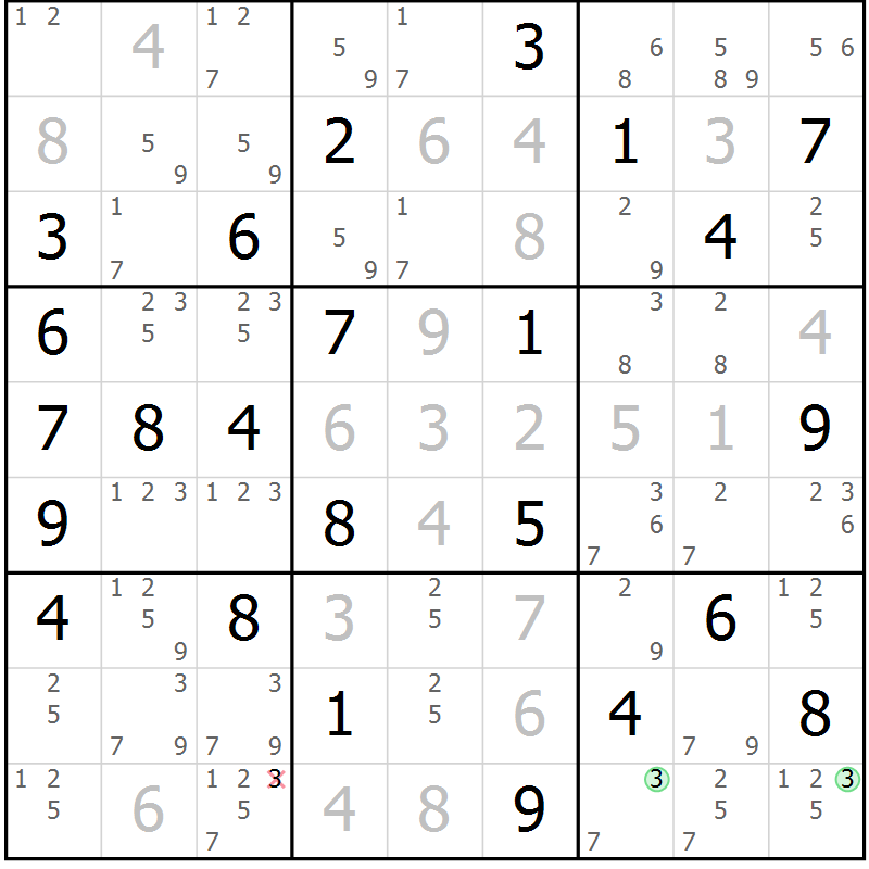 Position des candidats pour la solution de la Gr 53 page 56 du magazine de sudoku Virtuose n° 116