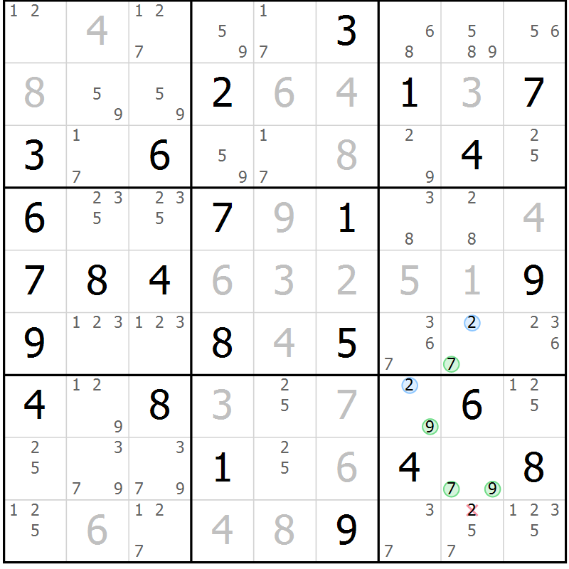 Position des candidats pour la solution de la Gr 53 page 56 du magazine de sudoku Virtuose n° 116