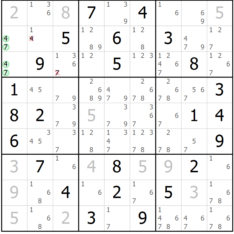 Position des candidats pour la solution de la Gr 54 page 57 du magazine de sudoku Virtuose n° 116
