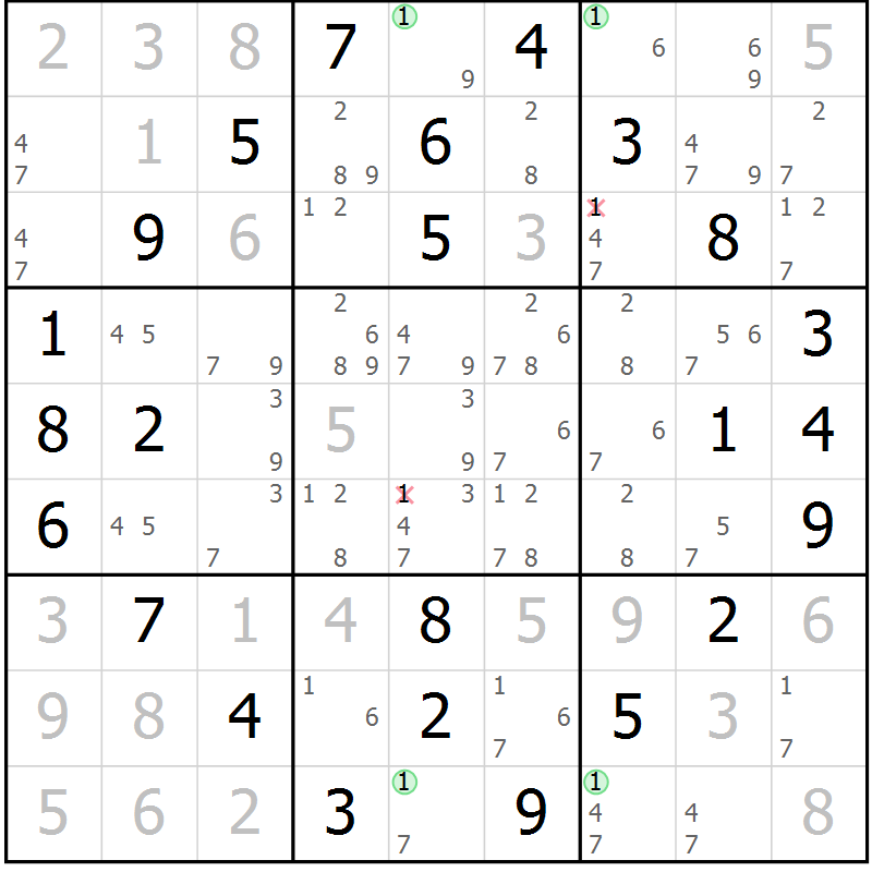 Position des candidats pour la solution de la Gr 54 page 57 du magazine de sudoku Virtuose n° 116