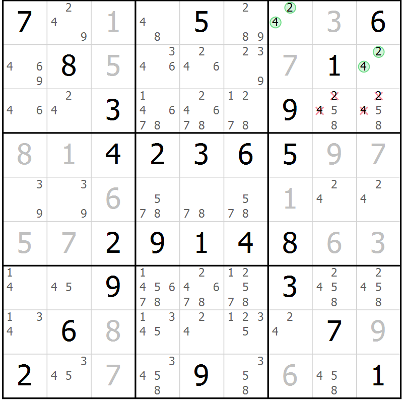 Position des candidats pour la solution de la Gr 55 page 58 du magazine de sudoku Virtuose n° 116