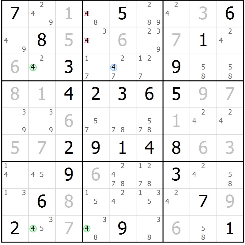 Position des candidats pour la solution de la Gr 55 page 58 du magazine de sudoku Virtuose n° 116