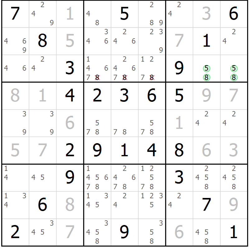 Position des candidats pour la solution de la Gr 55 page 58 du magazine de sudoku Virtuose n° 116