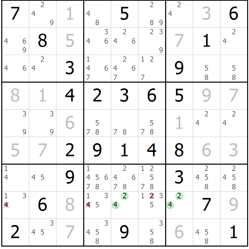 Position des candidats pour la solution de la Gr 55 page 58 du magazine de sudoku Virtuose n° 116