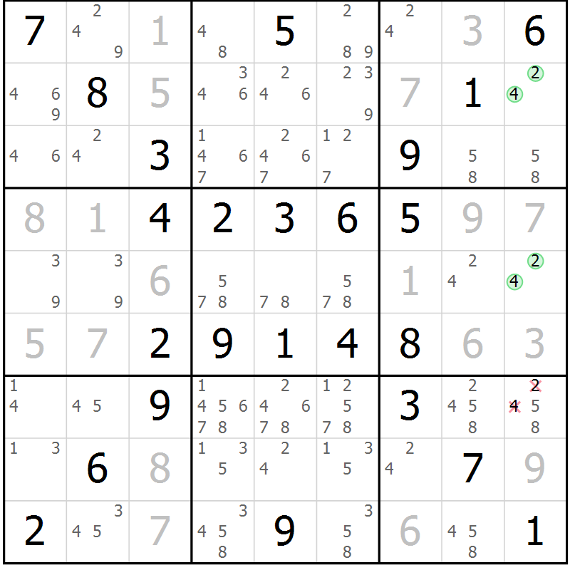 Position des candidats pour la solution de la Gr 55 page 58 du magazine de sudoku Virtuose n° 116