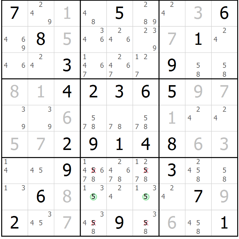 Position des candidats pour la solution de la Gr 55 page 58 du magazine de sudoku Virtuose n° 116