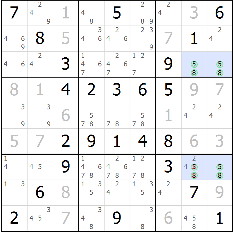 Position des candidats pour la solution de la Gr 55 page 58 du magazine de sudoku Virtuose n° 116
