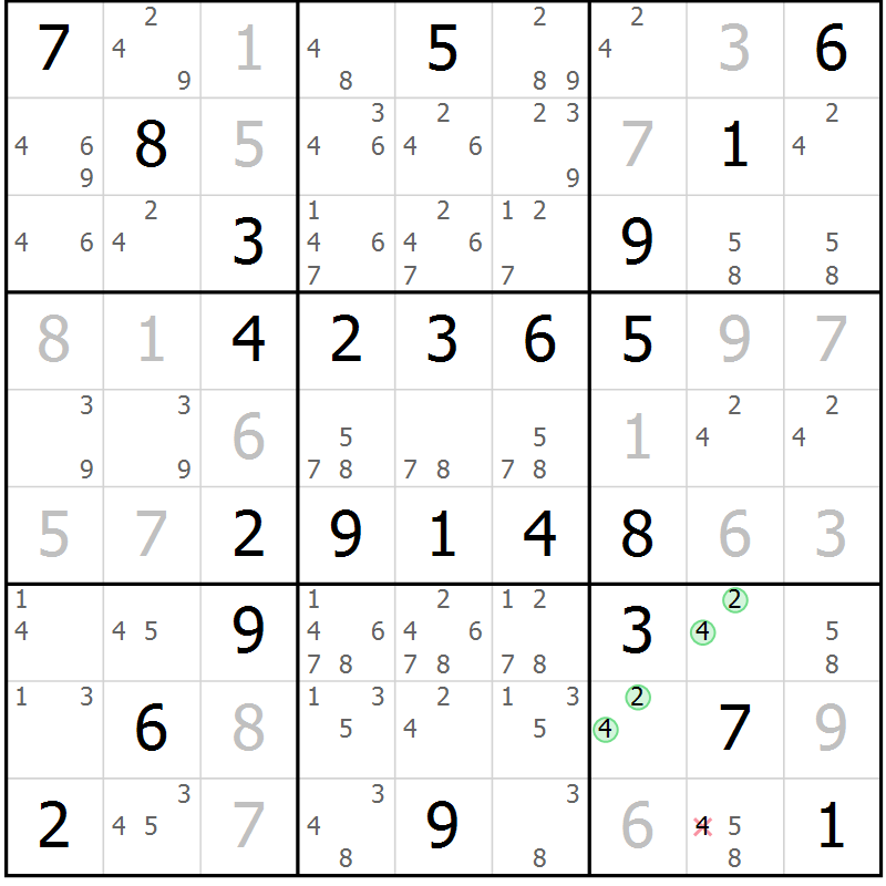 Position des candidats pour la solution de la Gr 55 page 58 du magazine de sudoku Virtuose n° 116