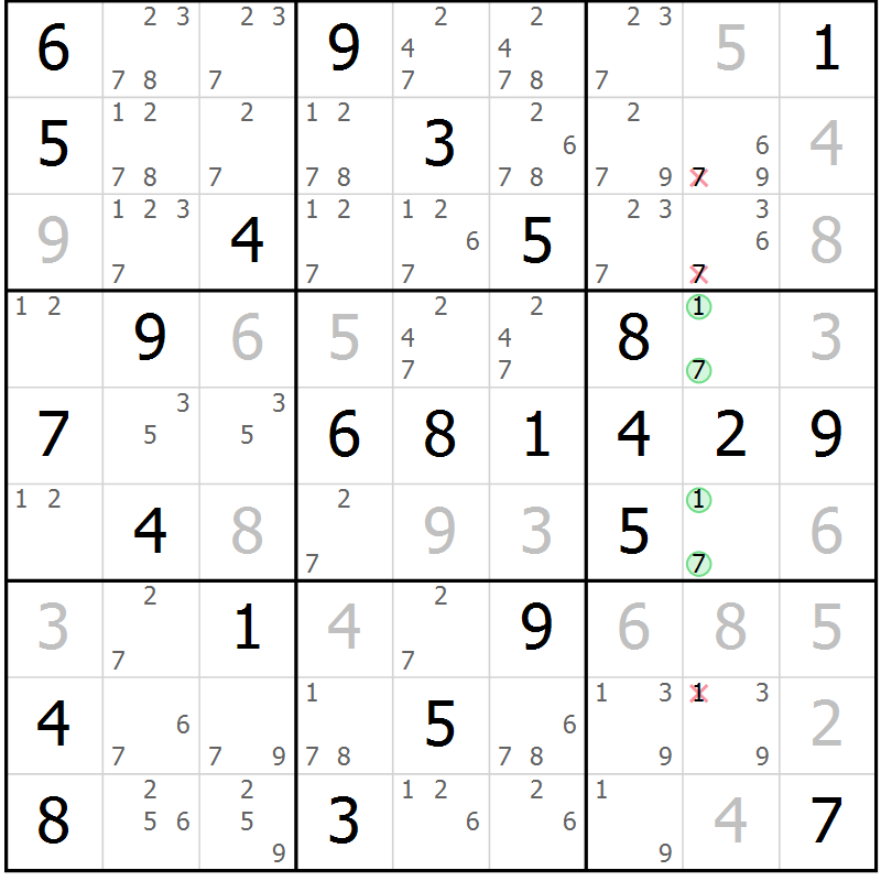 Position des candidats pour la solution de la Gr 56 page 59 du magazine de sudoku Virtuose n° 116