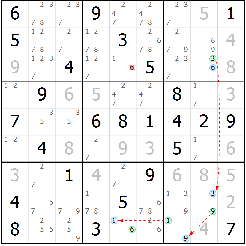 Position des candidats pour la solution de la Gr 56 page 59 du magazine de sudoku Virtuose n° 116