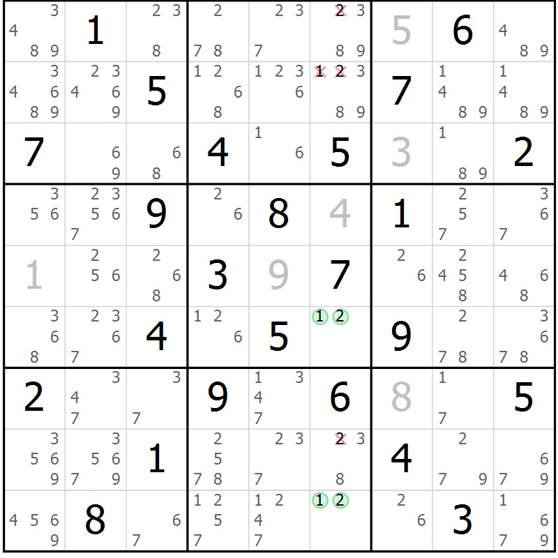Position des candidats pour la solution de la Gr 58 page 61 du magazine de sudoku Virtuose n° 116