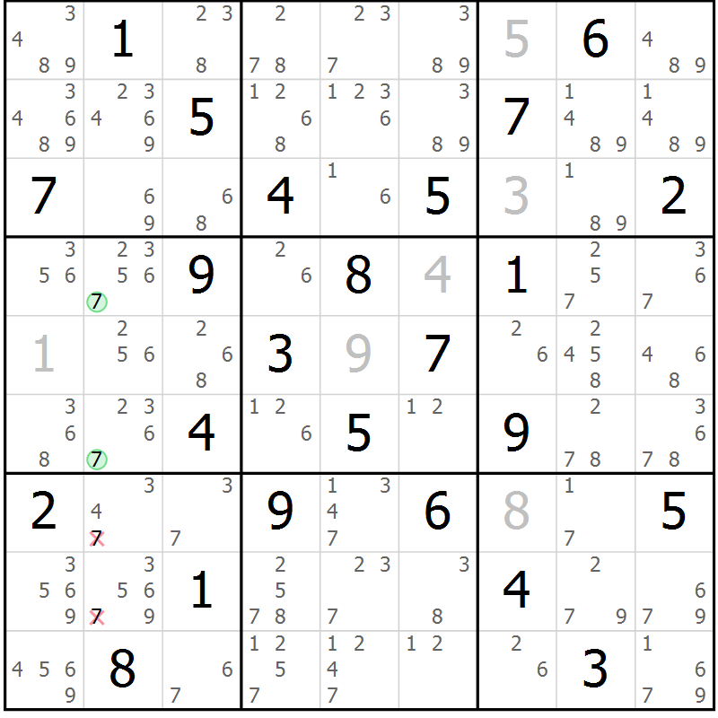 Position des candidats pour la solution de la Gr 58 page 61 du magazine de sudoku Virtuose n° 116
