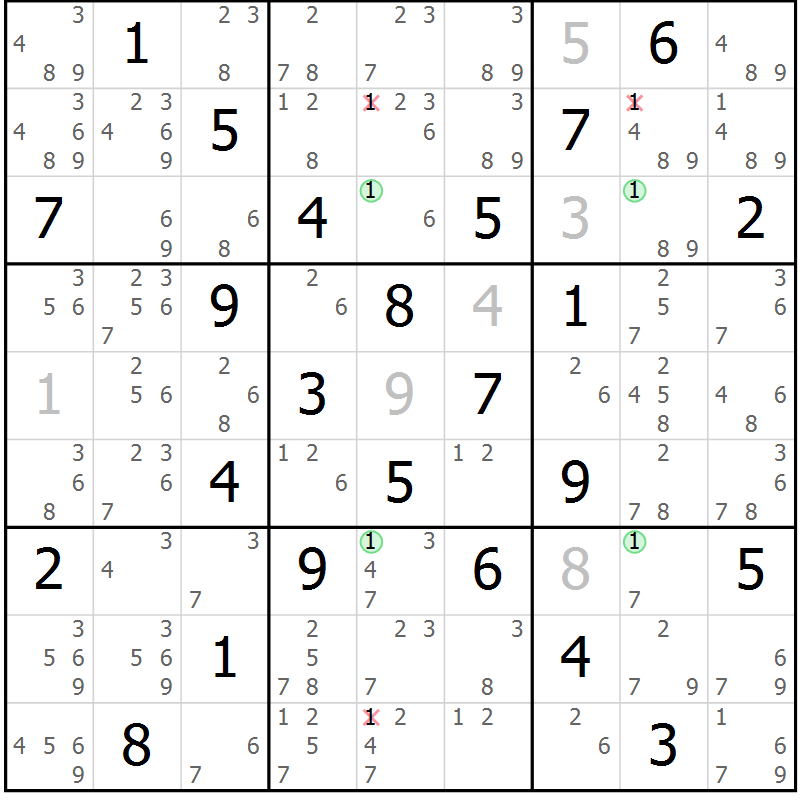 Position des candidats pour la solution de la Gr 58 page 61 du magazine de sudoku Virtuose n° 116