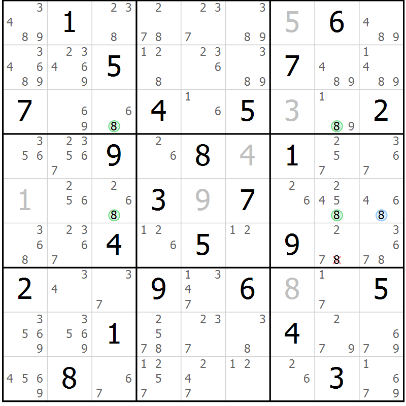 Position des candidats pour la solution de la Gr 58 page 61 du magazine de sudoku Virtuose n° 116