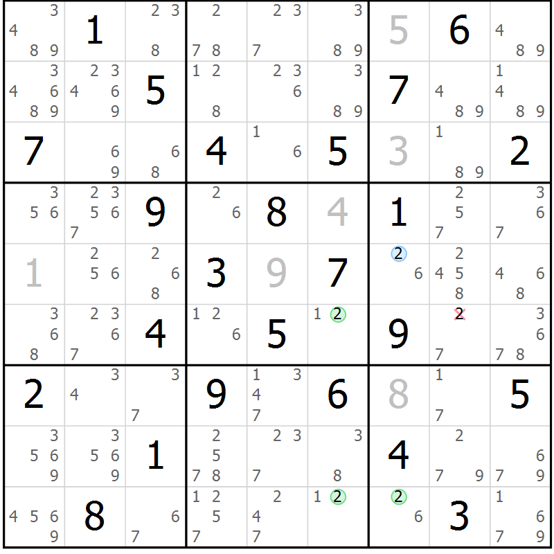 Position des candidats pour la solution de la Gr 58 page 61 du magazine de sudoku Virtuose n° 116