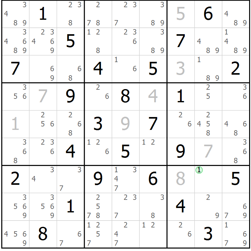 Position des candidats pour la solution de la Gr 58 page 61 du magazine de sudoku Virtuose n° 116