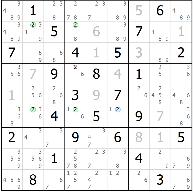 Position des candidats pour la solution de la Gr 58 page 61 du magazine de sudoku Virtuose n° 116