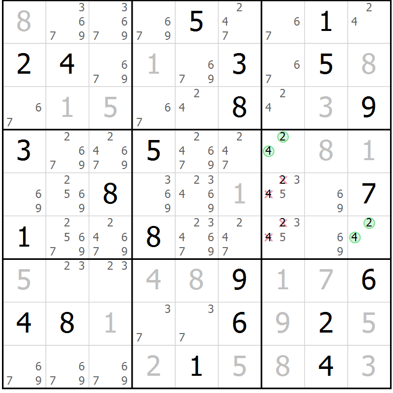 Position des candidats pour la solution de la Gr 6 page 9 du magazine de sudoku Virtuose n° 116