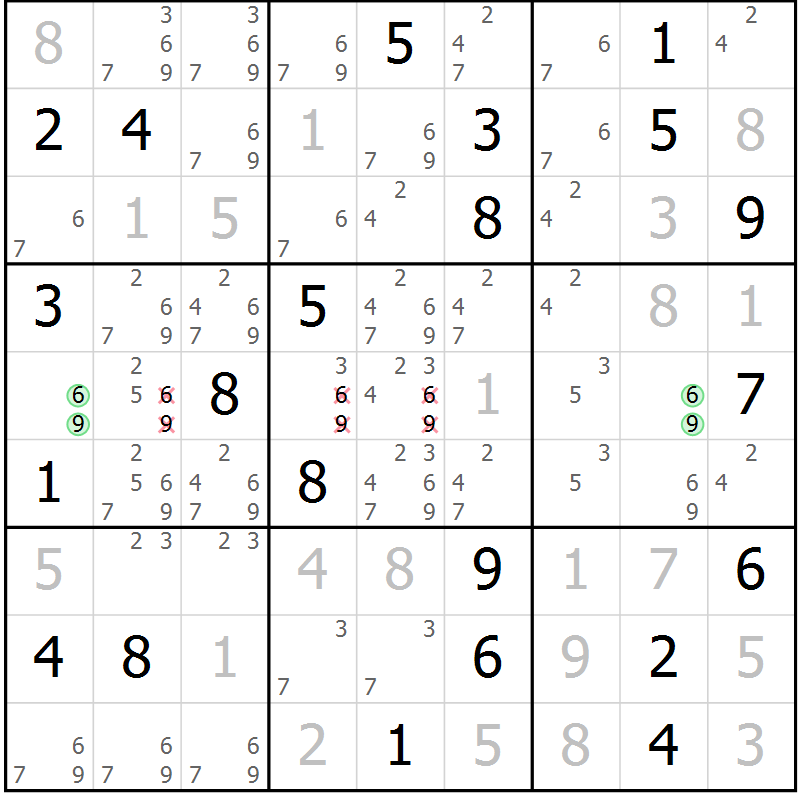 Position des candidats pour la solution de la Gr 6 page 9 du magazine de sudoku Virtuose n° 116