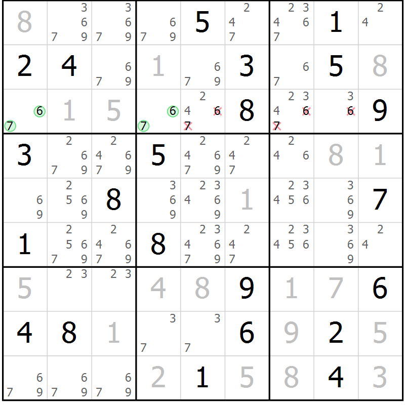 Position des candidats pour la solution de la Gr 6 page 9 du magazine de sudoku Virtuose n° 116