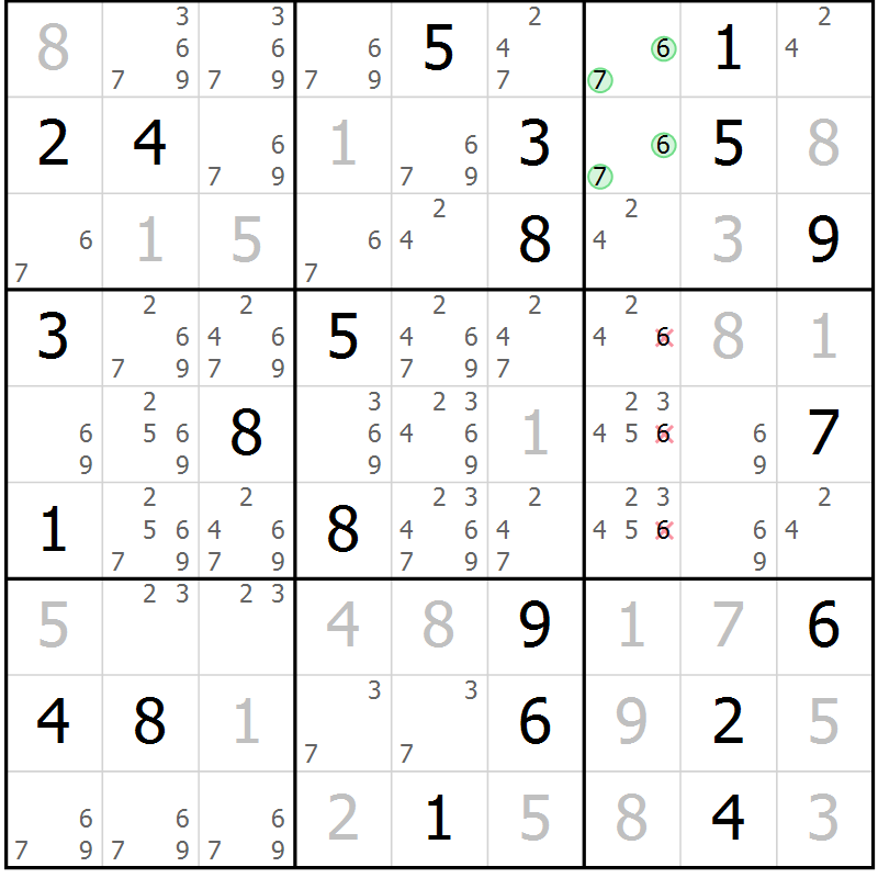 Position des candidats pour la solution de la Gr 6 page 9 du magazine de sudoku Virtuose n° 116