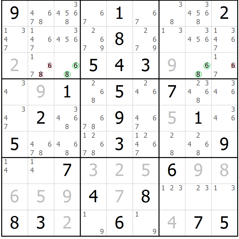 Position des candidats pour la solution de la Gr 60 page 63 du magazine de sudoku Virtuose n° 116