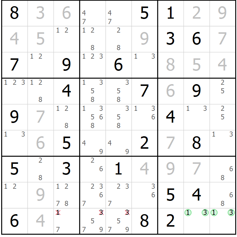 Position des candidats pour la solution de la Gr 61 page 64 du magazine de sudoku Virtuose n° 116