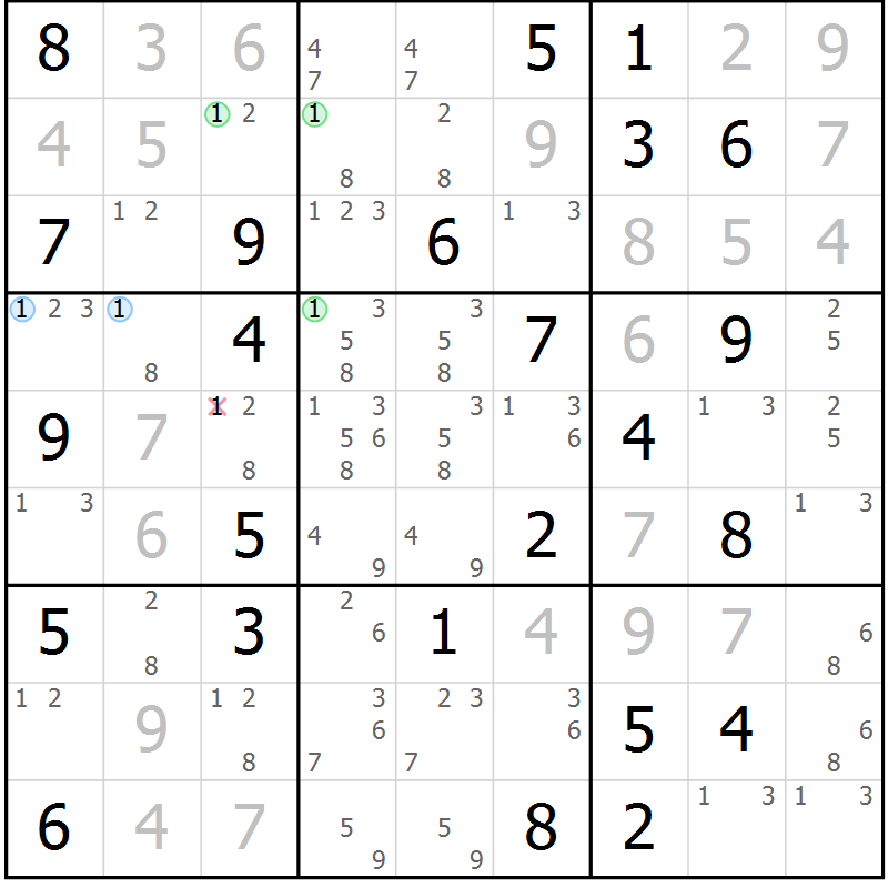 Position des candidats pour la solution de la Gr 61 page 64 du magazine de sudoku Virtuose n° 116