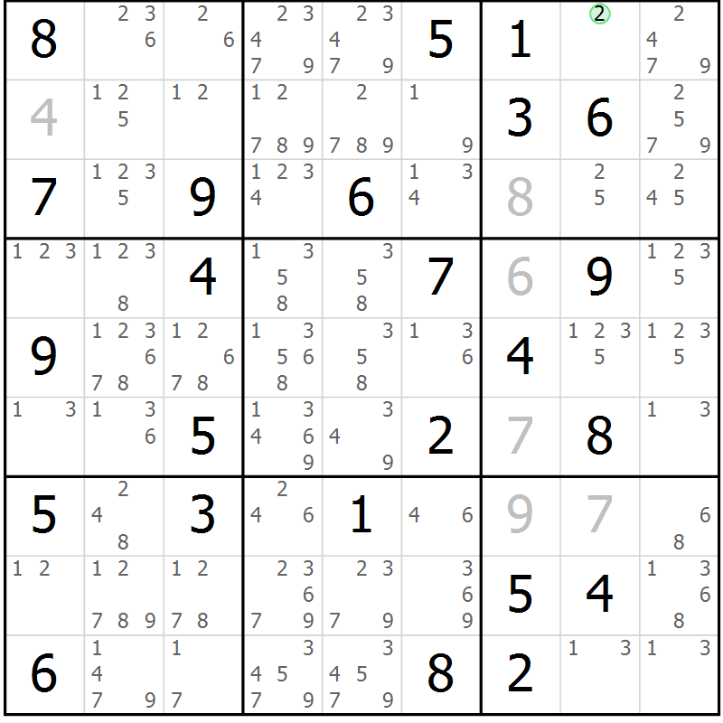 Position des candidats pour la solution de la Gr 61 page 64 du magazine de sudoku Virtuose n° 116