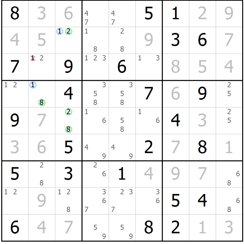 Position des candidats pour la solution de la Gr 61 page 64 du magazine de sudoku Virtuose n° 116