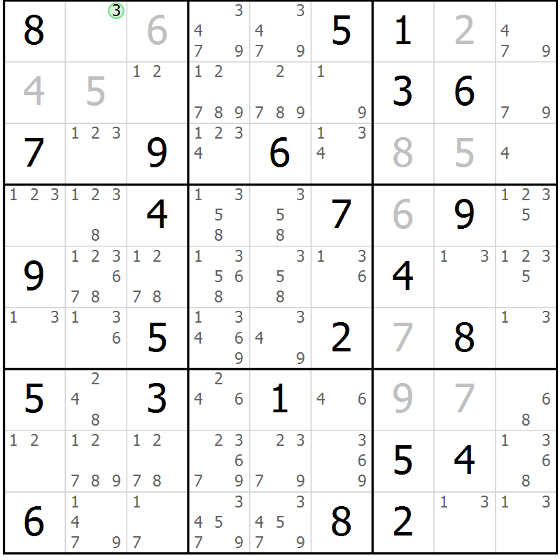 Position des candidats pour la solution de la Gr 61 page 64 du magazine de sudoku Virtuose n° 116