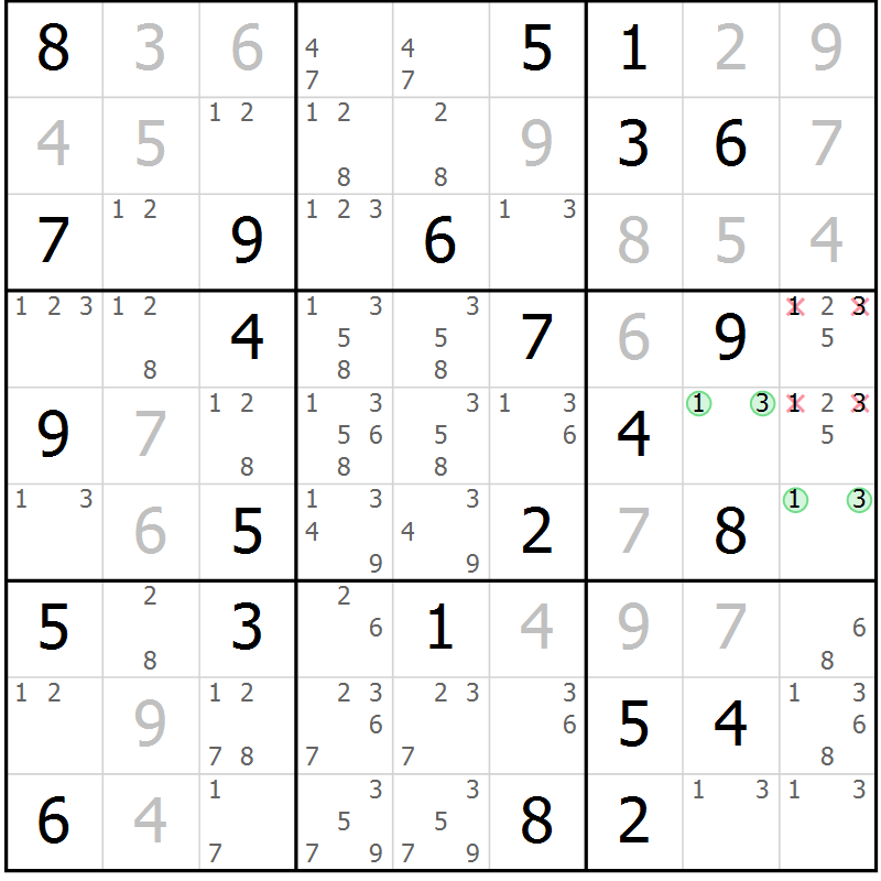 Position des candidats pour la solution de la Gr 61 page 64 du magazine de sudoku Virtuose n° 116