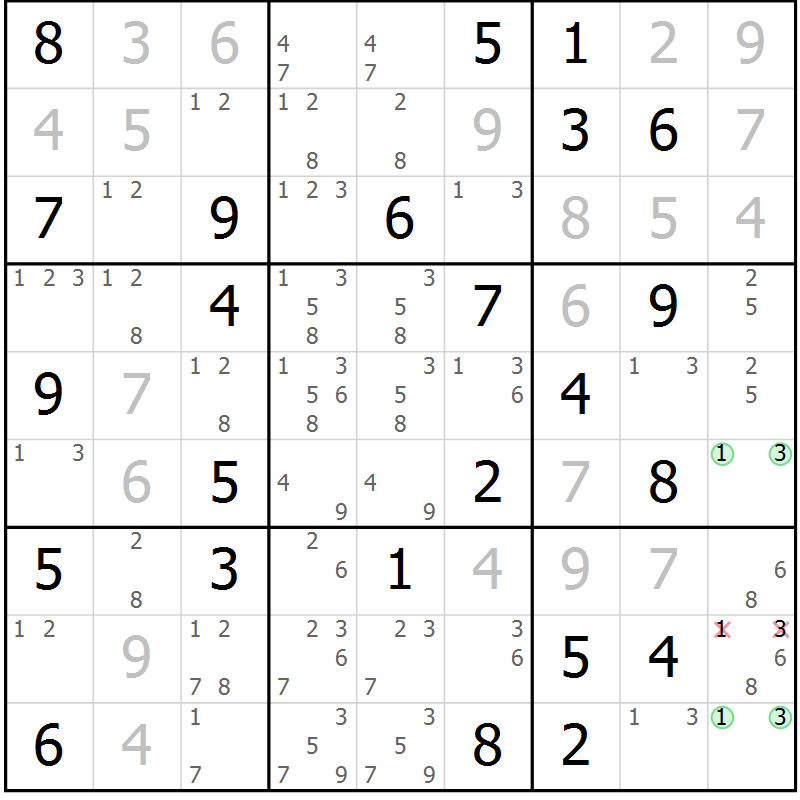 Position des candidats pour la solution de la Gr 61 page 64 du magazine de sudoku Virtuose n° 116