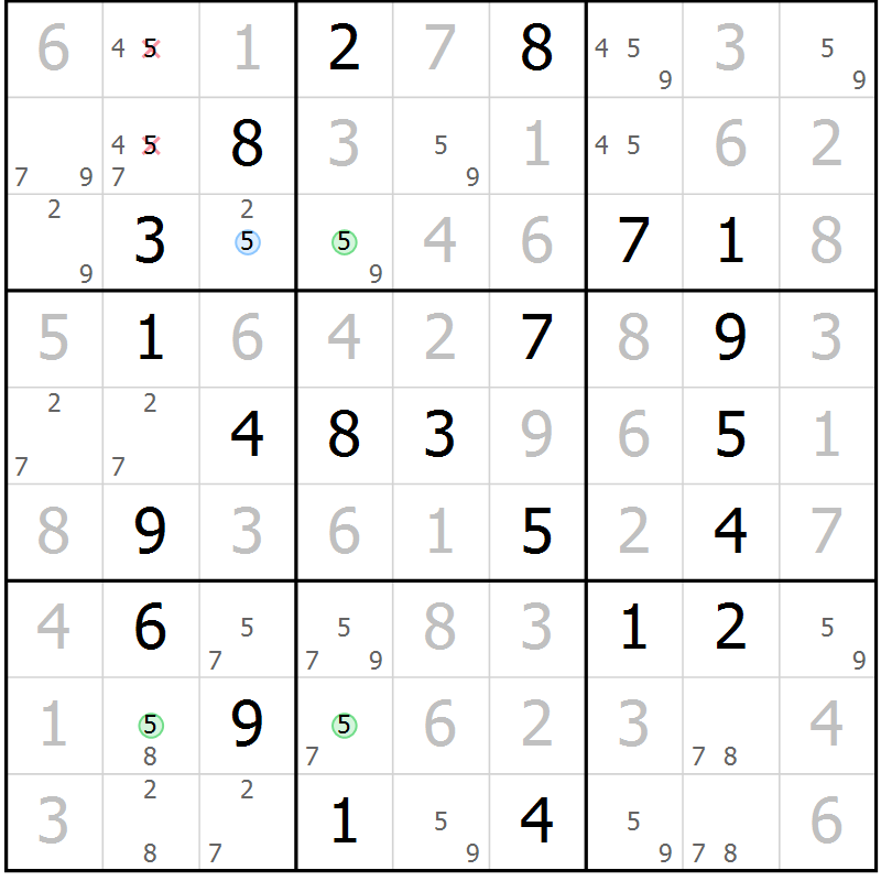 Position des candidats pour la solution de la Gr 63 page 66 du magazine de sudoku Virtuose n° 116