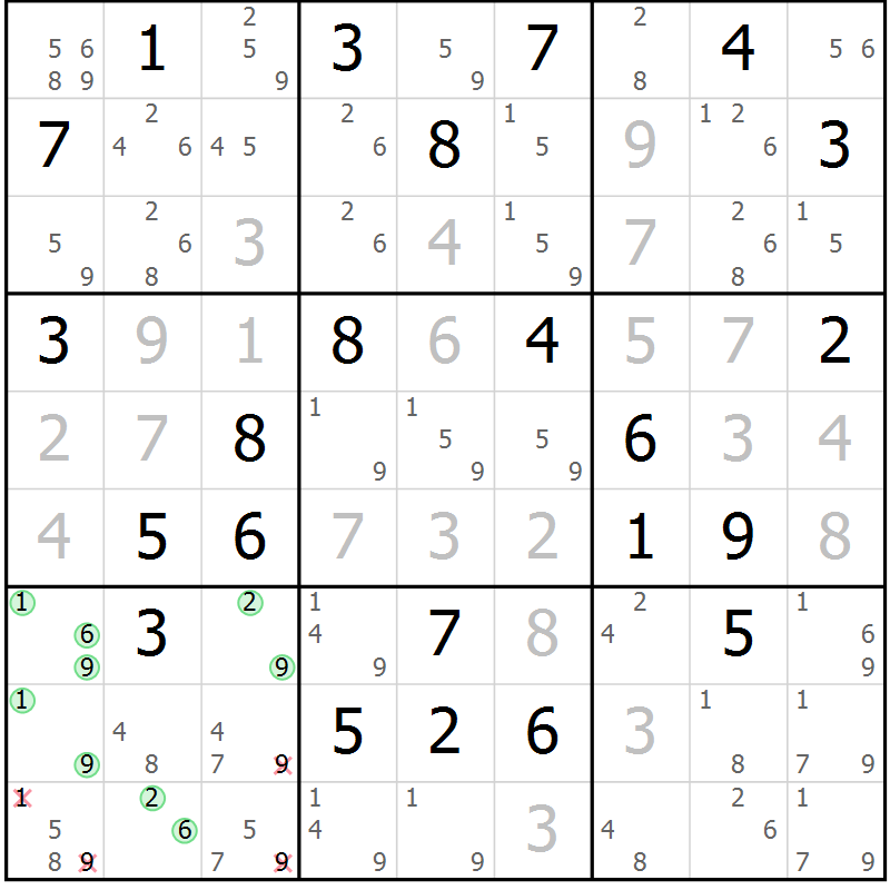 Position des candidats pour la solution de la Gr 66 page 69 du magazine de sudoku Virtuose n° 116