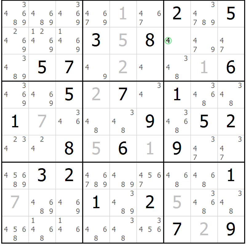 Position des candidats pour la solution de la Gr 69 page 72 du magazine de sudoku Virtuose n° 116