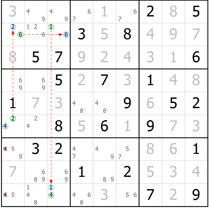 Position des candidats pour la solution de la Gr 69 page 72 du magazine de sudoku Virtuose n° 116